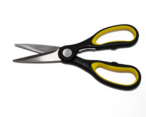 Multipurpose scissors with black and yellow handle is isolated on white background
