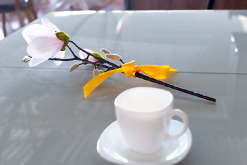 Kitchen furniture. Branch of delicate flowers on gray glass table and white tea cap on blurred background of kitchen interior