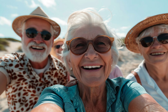 Active aging, happy group of senior people smiling at camera outdoors, old friends taking selfie pictures, Life style concept with pensioners having fun together on summer holiday. AI Generated