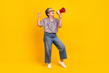 Full body photo of attractive pensioner woman hold toa raise fist wear trendy leopard print clothes...