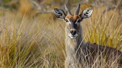 Naklejka na ściany i meble Deer with antlers in tall grass