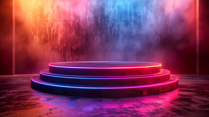 Modern round empty platform podium stand for product presentation with glowing neon lighting. Futuristic blank mockup. - obrazy, fototapety, plakaty