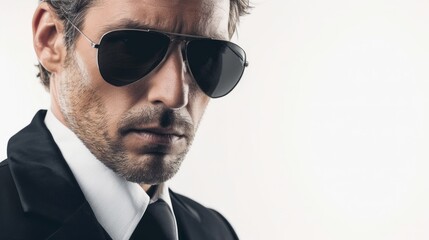 Secret Agent in a sleek, undercover attire, wearing sunglasses and a hidden earpiece