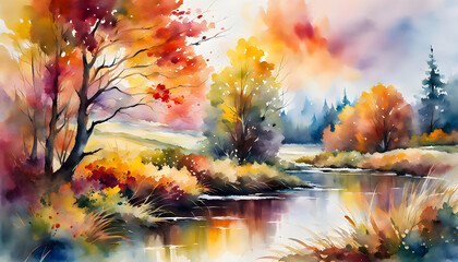 Obraz na płótnie Canvas Watercolor illustration, Beautiful windy autumn abstract landscape with copy space,