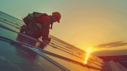A worker in safety gear attentively installing or maintaining solar panels on a rooftop under a clear sky