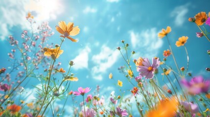 A vibrant field of colorful wild flowers under a bright blue sky
