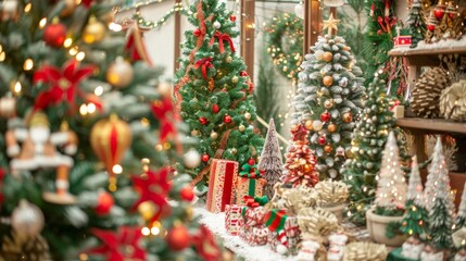 A display showcases various Christmas trees and decorations