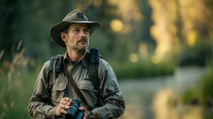 Obraz premium Park Ranger with a hat and carrying binoculars