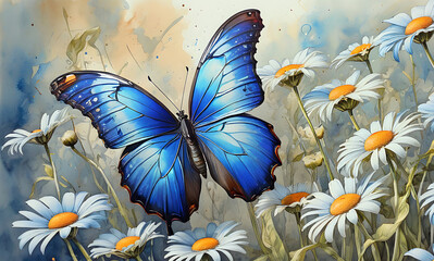 colorful blue tropical morpho butterfly on delicate daisy flowers painted with watercolor paint