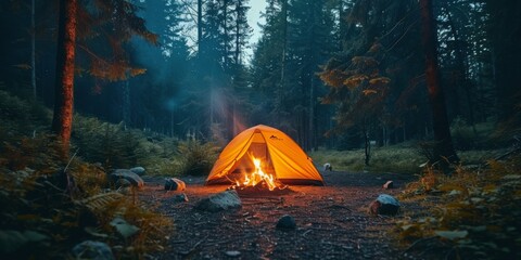 Campfire Burning in Forest With Tent in Background