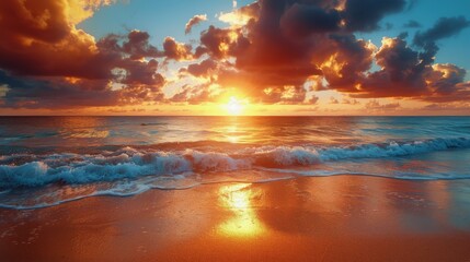 Fototapeta na wymiar Sun Setting Over Water at Beach