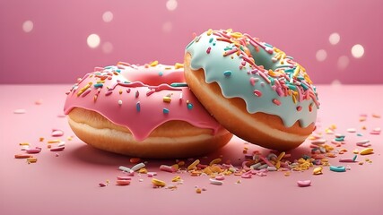  A digital illustration of three doughnuts with sprinkles against a pink backdrop filled with confetti. Inspired by the colorful and whimsical illustrations of Oh Joy! The scene features vibrant and d