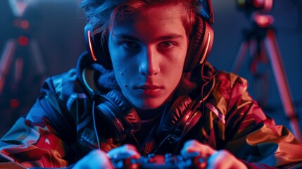 Professional Gamer in gaming gear, with a headset and high-tech controller