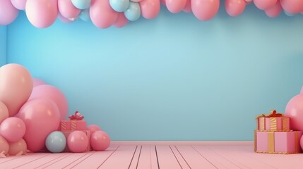 Naklejka premium Room Decorated With Balloons and Presents Against Blue Wall