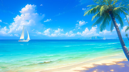 Fototapeta na wymiar Tropical beach with palm trees and sailboat. 3d render