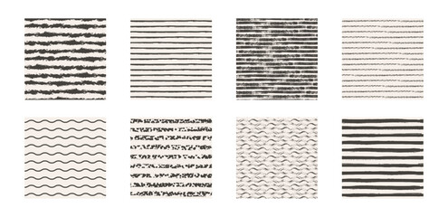 Large set of seamless patterns with grunge rough lines, brush strokes. Set of striped monochrome backgrounds. Endless texture can be used for wallpaper, pattern fills, web page background. Vector