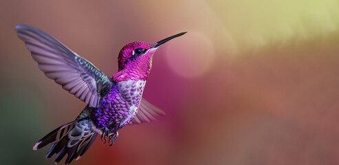 Fototapeta premium A hummingbird with a purple body and a black beak is flying in the air. The bird is surrounded by a blurry background, a dreamy and ethereal quality. purple and pink hummingbird standing in the air