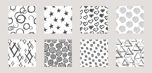 Set of seamless patterns with simple hand drawn elements. Collection of monochrome backgrounds. Endless texture can be used for wallpaper, pattern fills, web page background. Vector.