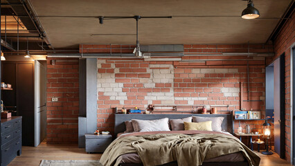 Industrial style bedroom with brick wall. Panorama. Bed, home furnishings