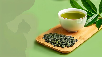 Brewed green tea in white ceramic loose leaves on wood board on chartreuse background. Healthy beverage Japanese cuisine concept