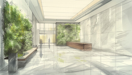 Contemporary Office Lobby Concept with Green Wall and Natural Light
