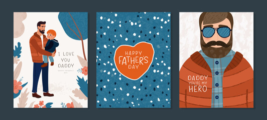 Happy fathers day. Set of vector postcards with illustrations of dad with child, bearded man with glasses. Cute fun design for greeting cards, promotional materials and other