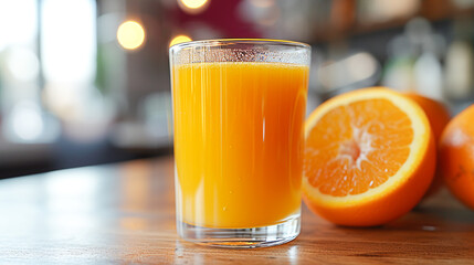 Glass of freshly squeezed orange juice with pulp fruit on a table in a cafe by the window in morning light.