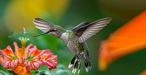 A hummingbird is flying over a flower. The flower is orange and has a yellow center. The bird is small and black. a hummingbird drinking nectar
