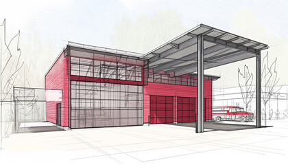 Obraz premium Modern Architectural Sketch of a Red Facade Building
