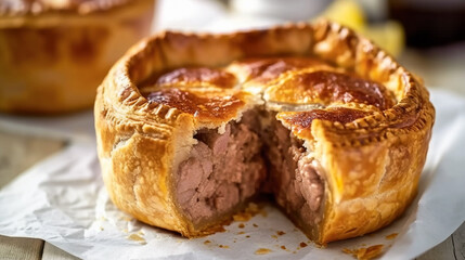 Traditional British savory pastry pork pie with meat enveloped in crust. Delicious comfort food