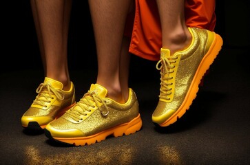 Two people wearing gold shoes are standing next to each other