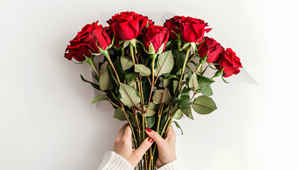 Fototapeta na wymiar Female hands with bouquet of beautiful red roses on white background