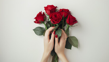 Female hands with bouquet of beautiful red roses on white background