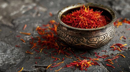 Fototapeta premium Spices Saffron. Saffron on a stone table in an antique bowl. seasonings