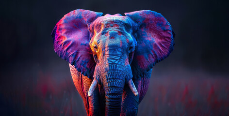A colorful elephant standing in a field. The elephant is painted in a bright blue and purple color....