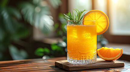 Glass of freshly orange cocktail mocktail with rosemary on a table in a cafe or bar by the window in morning light.