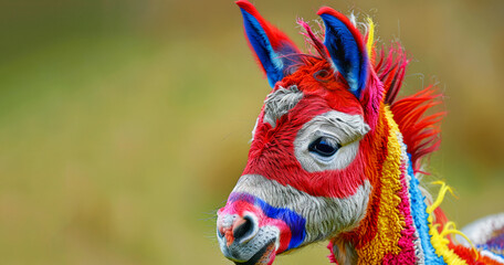 Obraz premium A colorful horse with a red nose and blue ears. The horse is standing in a field. The colors of the horse are bright and vibrant, creating a cheerful and lively atmosphere.