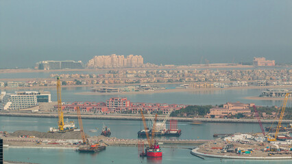Aerial view of Palm Jumeirah Island timelapse.