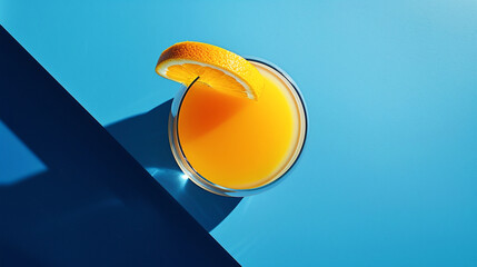 Glass of freshly squeezed orange juice with pulp fruit on a table in a cafe by the window in morning light.