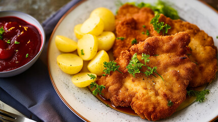 Delicious authentic breaded and deep-fried Wiener schnitzel served with boiled potatoes and fresh parsley on a a plate