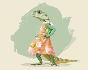 Lizard wearing a sundress, Summer theme, illustration, isolate on soft color background
