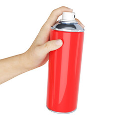 Red aerosol spray can in hand. 3d illustration isolated on white