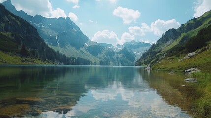 Fototapeta na wymiar Mountain backdrop to serene lake view