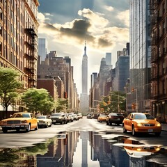 In the bustling streets of Manhattan, New York, skyscrapers tower overhead, creating a dynamic...