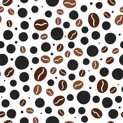 Coffee beans and dots pattern. Brown roasted coffee beans and black dots isolated on white background. Vector seeamless pattern.