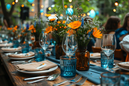 Rustic outdoor table setting with orange flowers for an event.