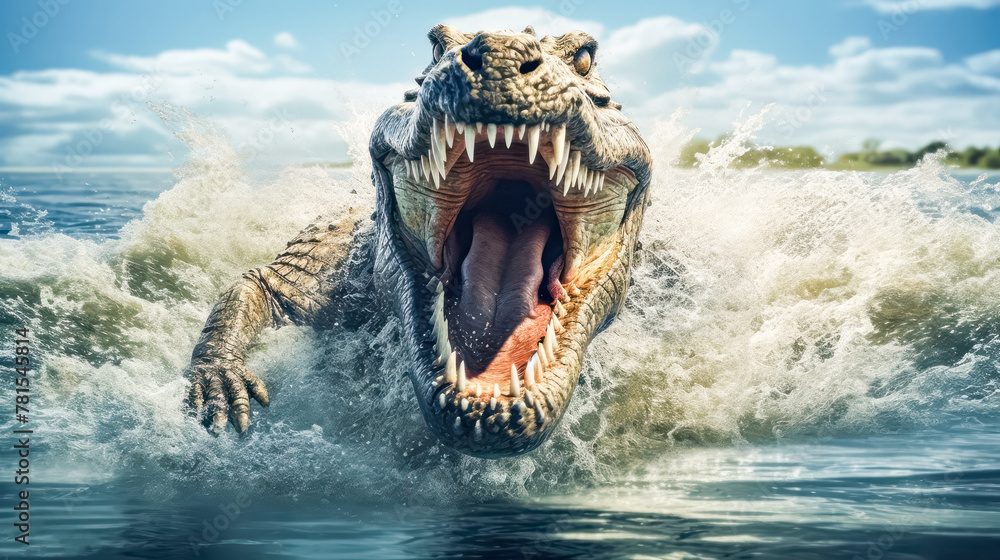 Poster a crocodile with its mouth wide open, showing its teeth. concept of danger and power, as the crocodi