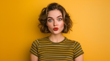 Woman with Striped Shirt on Yellow