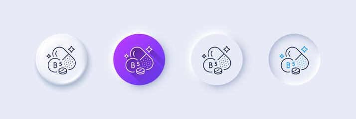 Vitamin B5 line icon. Neumorphic, Purple gradient, 3d pin buttons. Pantothenic acid food nutrient sign. Capsule or pill supplement symbol. Line icons. Neumorphic buttons with outline signs. Vector