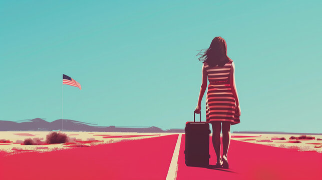 a bold and minimalist poster of a woman from behind, walking down a seemingly endless road towards an American flag.